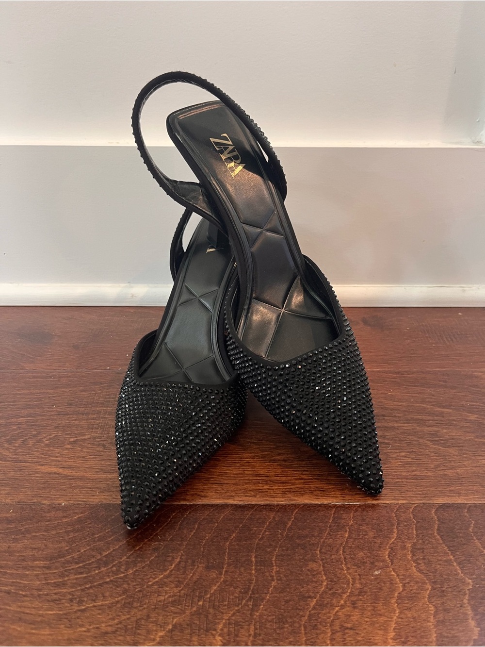 ZARA Black Pointed Slingback Heels with Rinestones